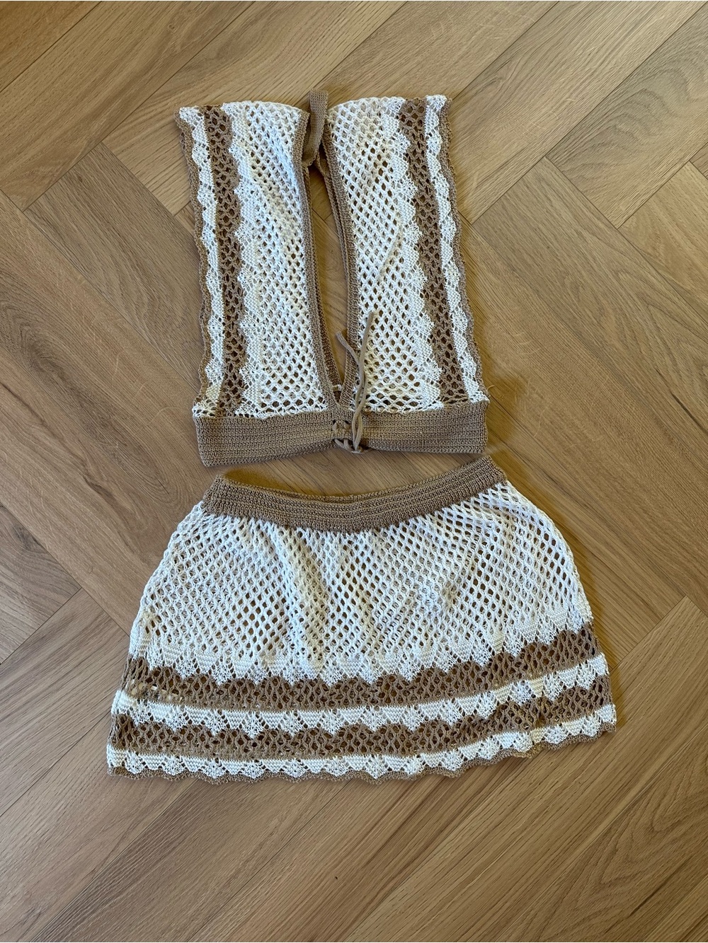 Crochet Mini Skirt in Cream and Tan